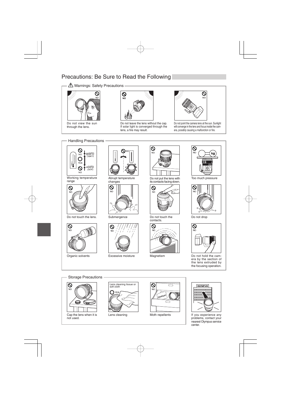 Precautions: be sure to read the following | Olympus Zuiko Digital ED150mm f2.0 User Manual | Page 6 / 8