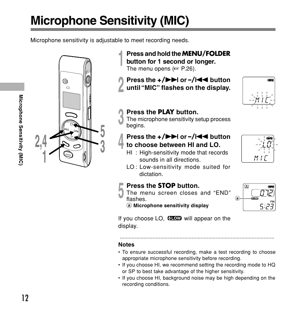 Microphone sensitivity (mic) | Olympus W 20 User Manual | Page 12 / 144