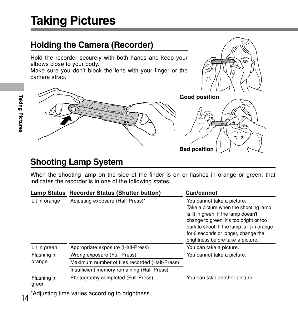 Taking pictures, Holding the camera (recorder), Shooting lamp system | Olympus W 20 User Manual | Page 14 / 144