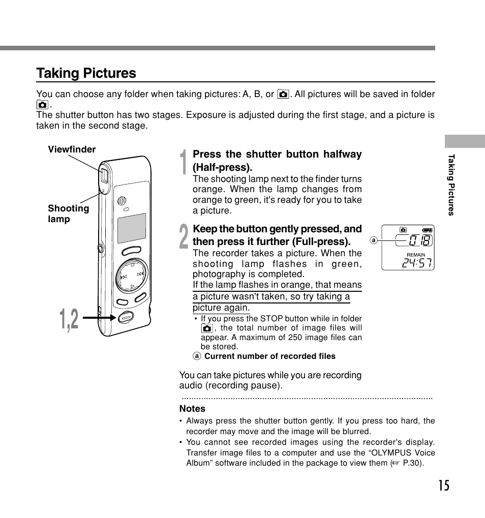 Taking pictures | Olympus W 20 User Manual | Page 15 / 144