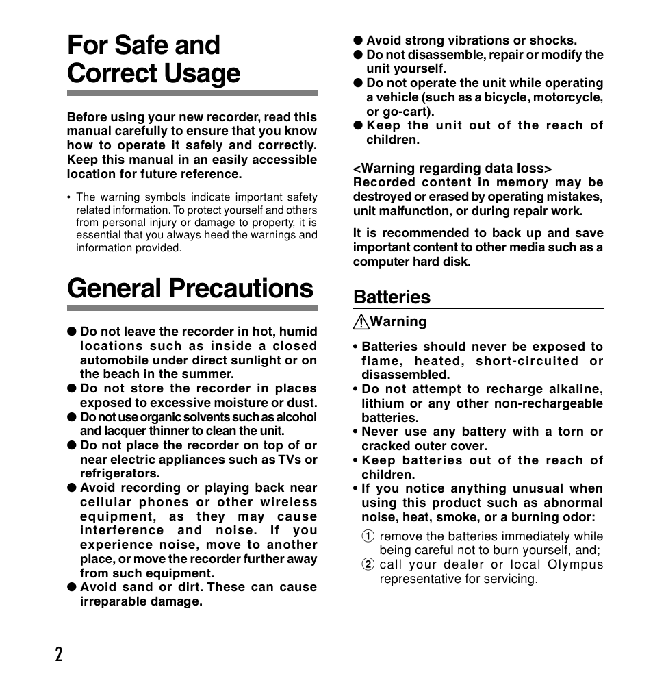 For safe and correct usage, General precautions, Batteries | Olympus W 20 User Manual | Page 2 / 144