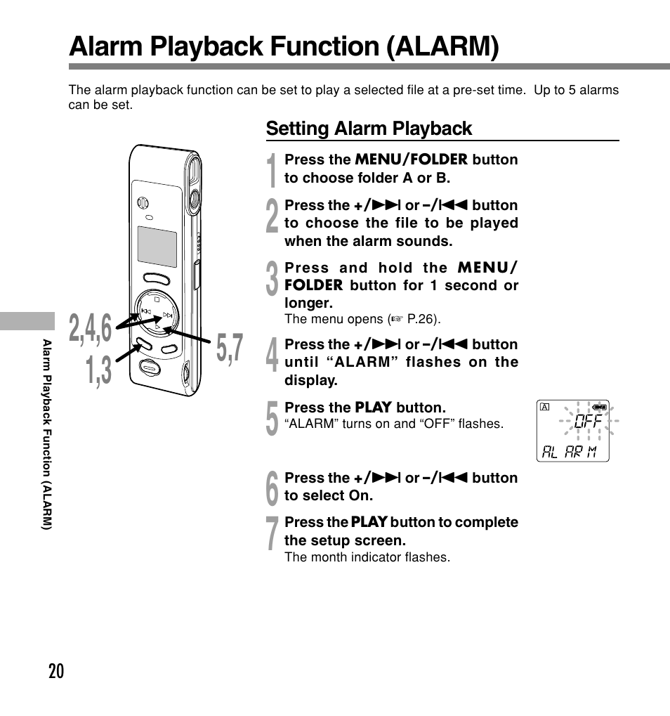 Alarm playback function (alarm) | Olympus W 20 User Manual | Page 20 / 144