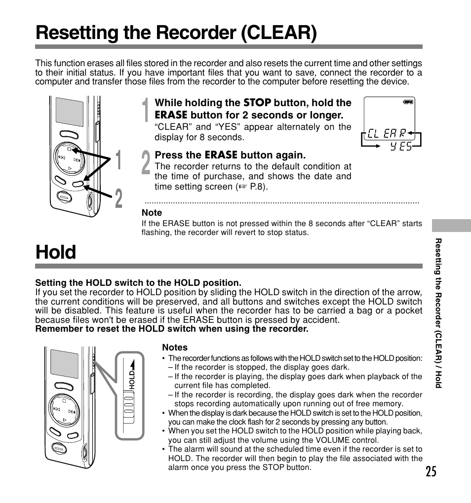 Resetting the recorder (clear), Hold | Olympus W 20 User Manual | Page 25 / 144