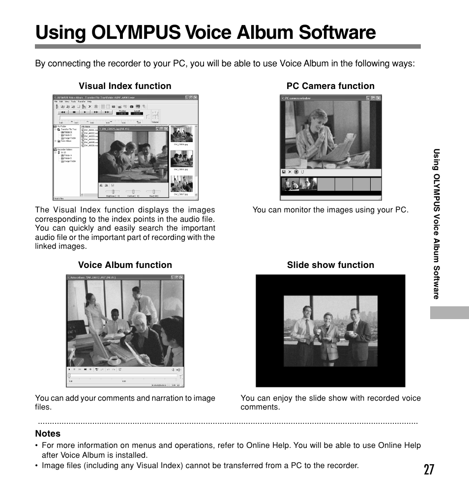 Managing files on your pc, Using olympus voice album software | Olympus W 20 User Manual | Page 27 / 144
