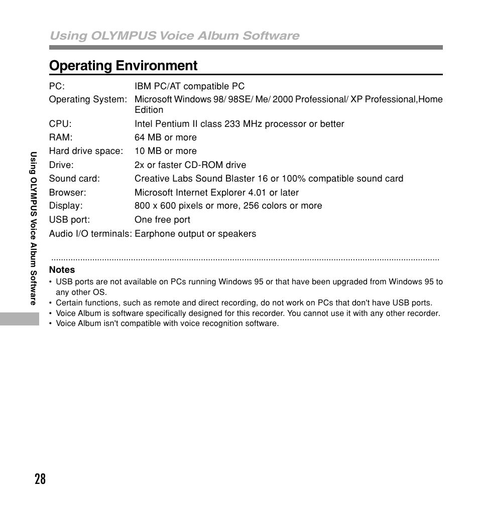 28 operating environment, Using olympus voice album software | Olympus W 20 User Manual | Page 28 / 144