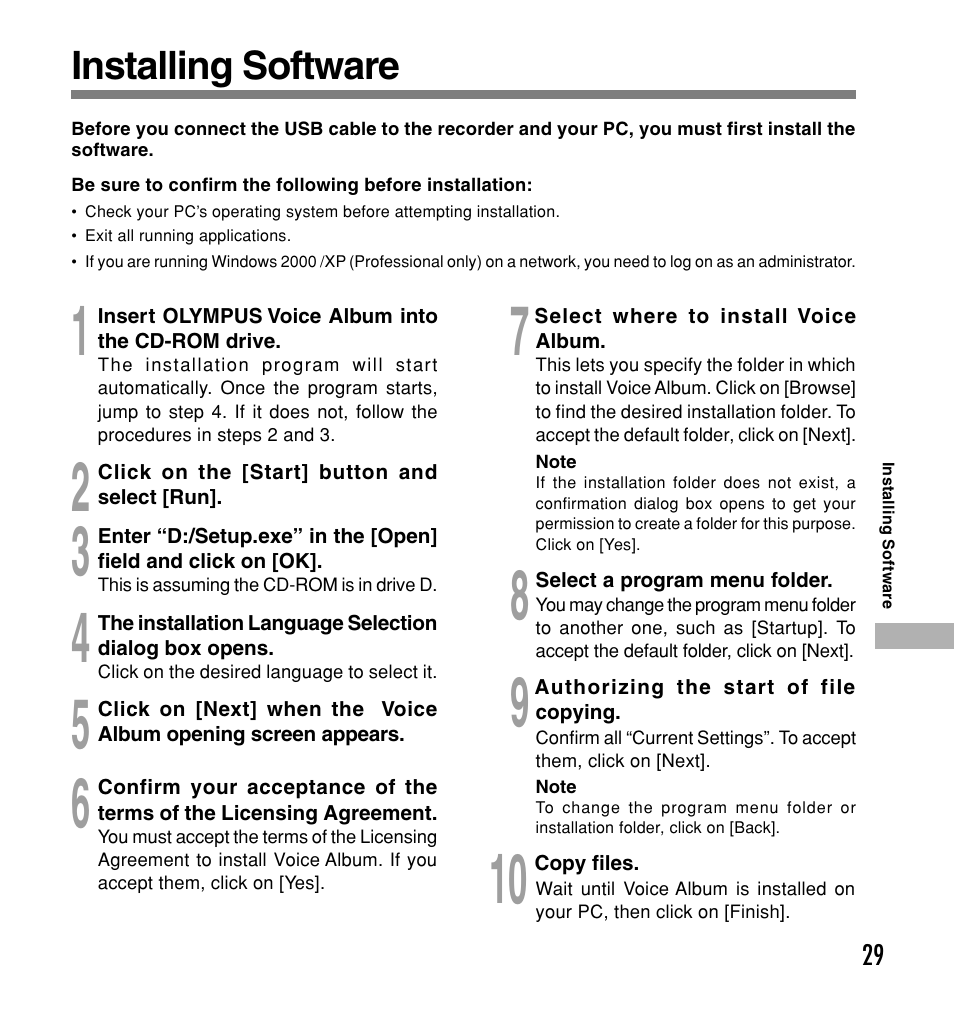 Installing software | Olympus W 20 User Manual | Page 29 / 144