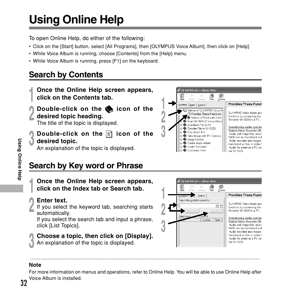 Using online help | Olympus W 20 User Manual | Page 32 / 144