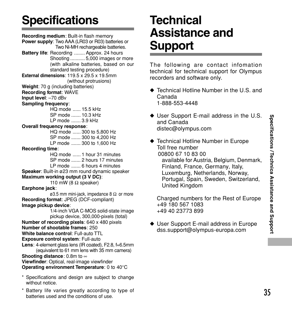 Specifications, Technical assistance and support, Specifications technical assistance and support | Olympus W 20 User Manual | Page 35 / 144