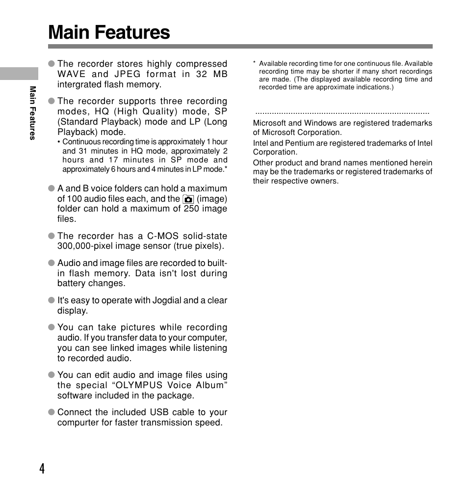 Getting started, Main features | Olympus W 20 User Manual | Page 4 / 144