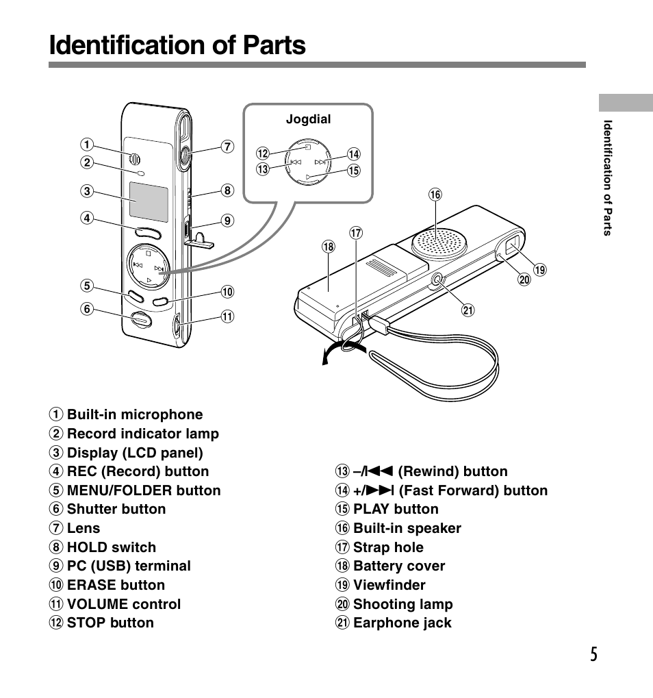 Identification of parts | Olympus W 20 User Manual | Page 5 / 144