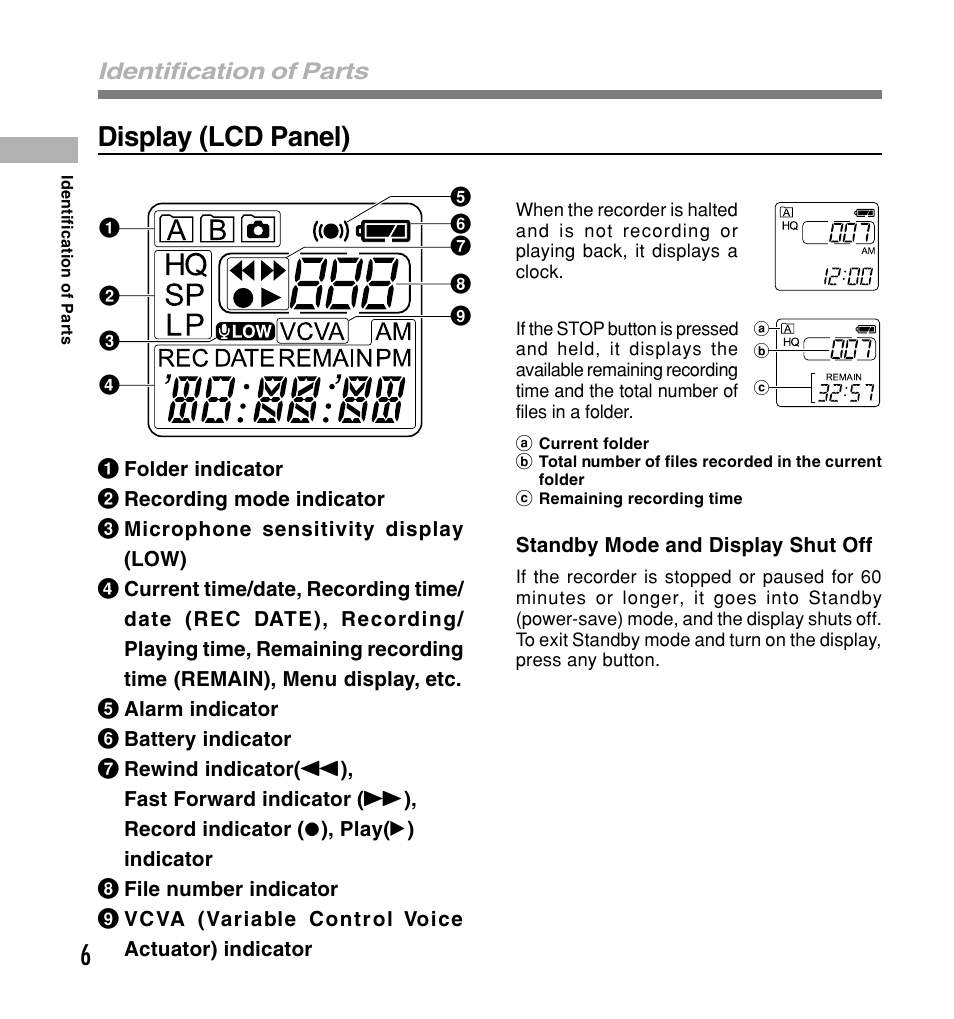 Display (lcd panel), Identification of parts | Olympus W 20 User Manual | Page 6 / 144