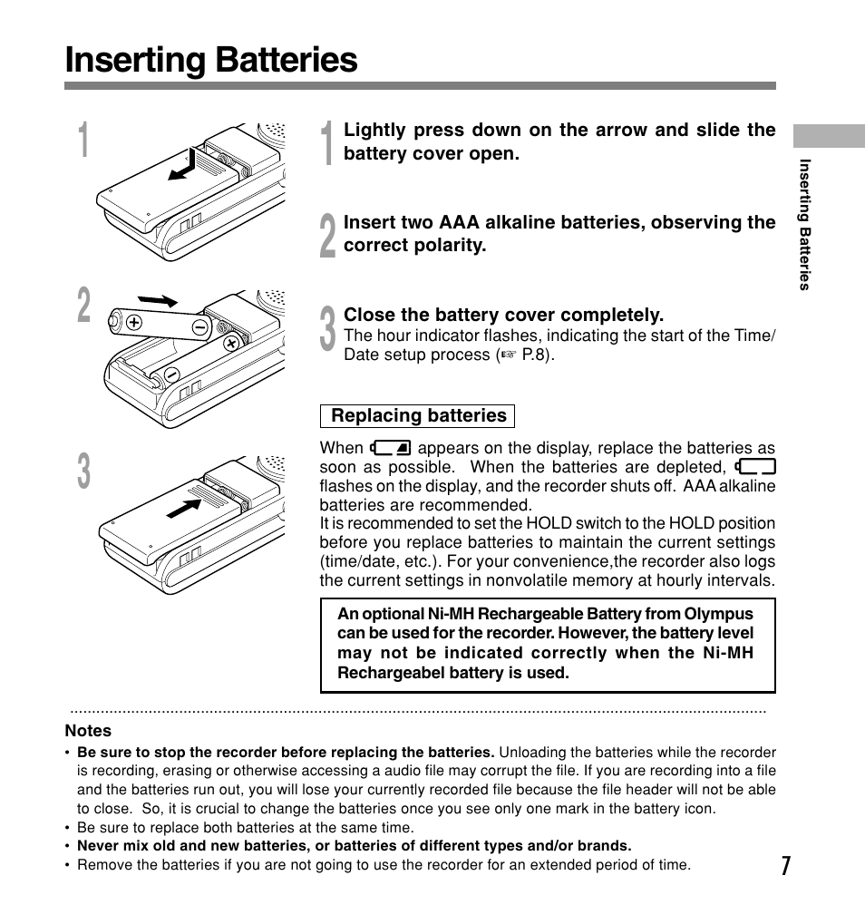 Inserting batteries | Olympus W 20 User Manual | Page 7 / 144