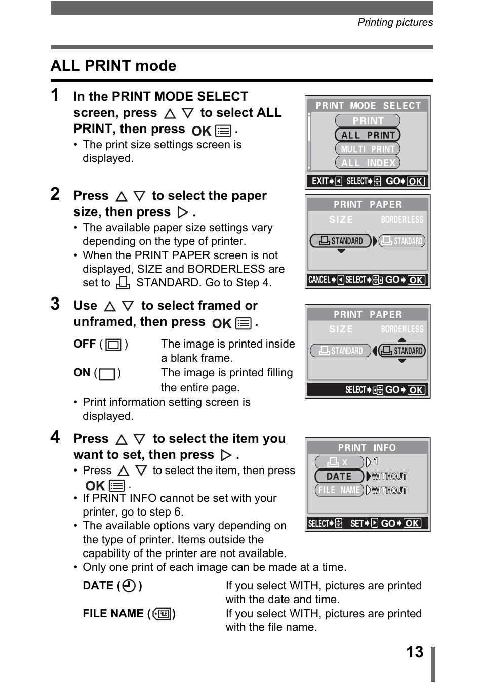 All print mode, All print mode” (p.13) | Olympus 400 User Manual | Page 13 / 20