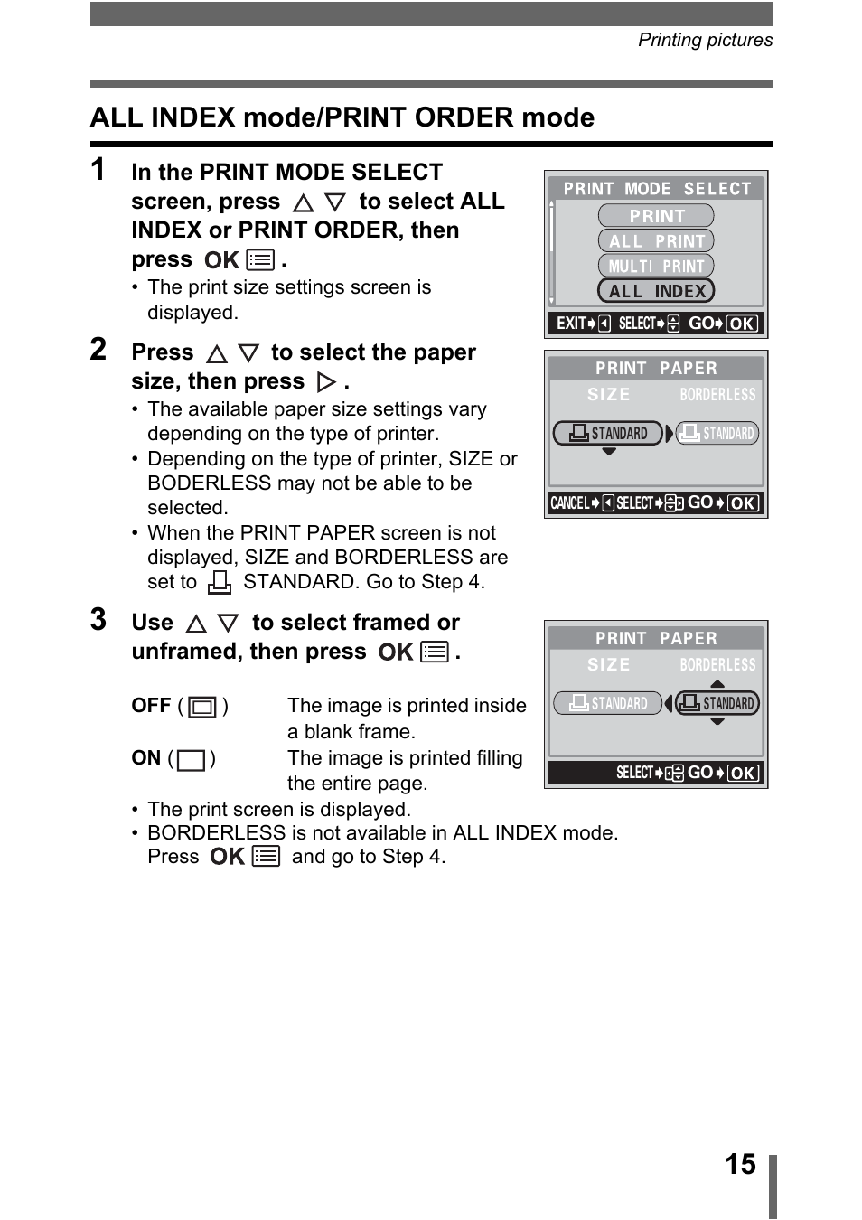 All index mode/print order mode, All index mode/print order mode” (p.15) | Olympus 400 User Manual | Page 15 / 20