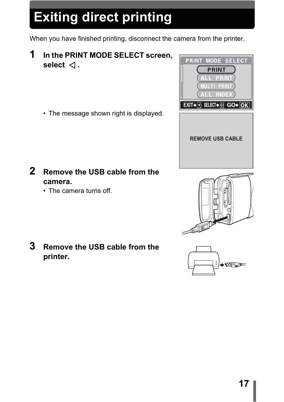 Exiting direct printing | Olympus 400 User Manual | Page 17 / 20