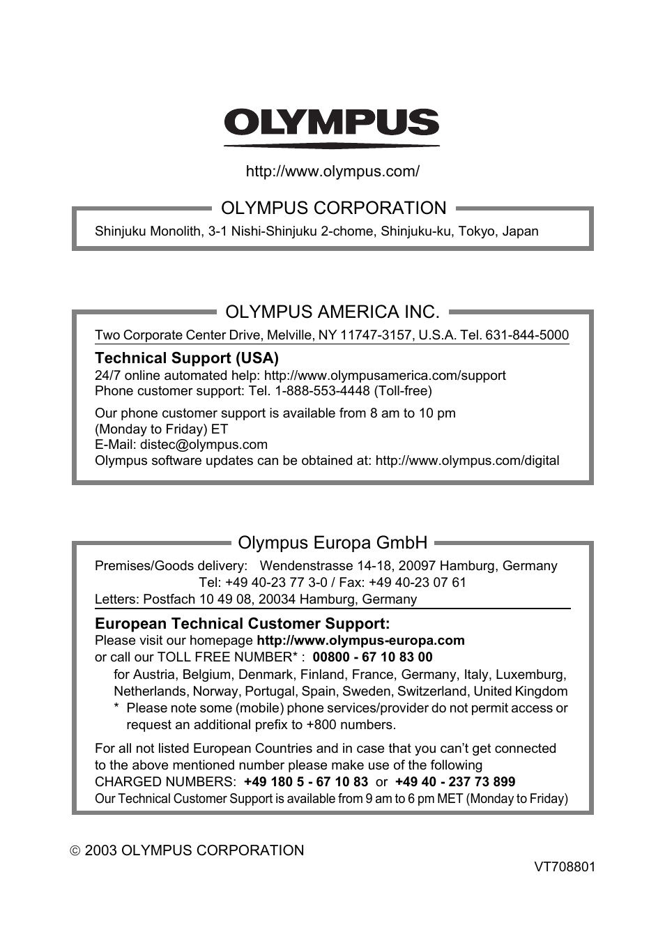 Olympus corporation, Olympus america inc, Olympus europa gmbh | Olympus 400 User Manual | Page 20 / 20