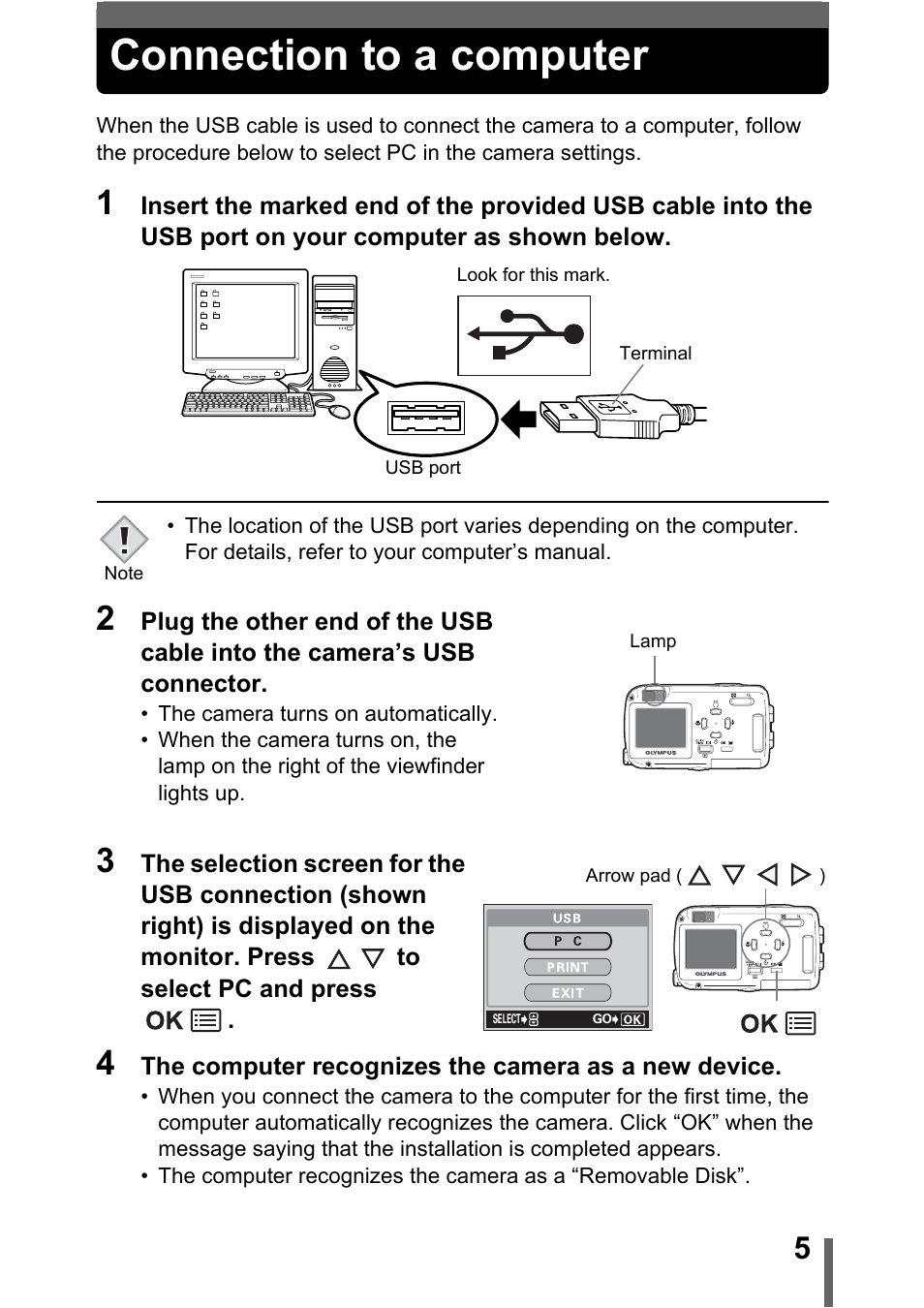 Connection to a computer | Olympus 400 User Manual | Page 5 / 20