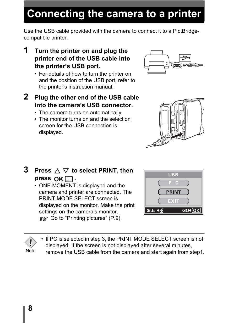 Connecting the camera to a printer | Olympus 400 User Manual | Page 8 / 20