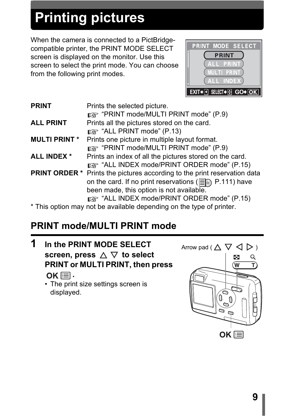 Printing pictures, Print mode/multi print mode | Olympus 400 User Manual | Page 9 / 20