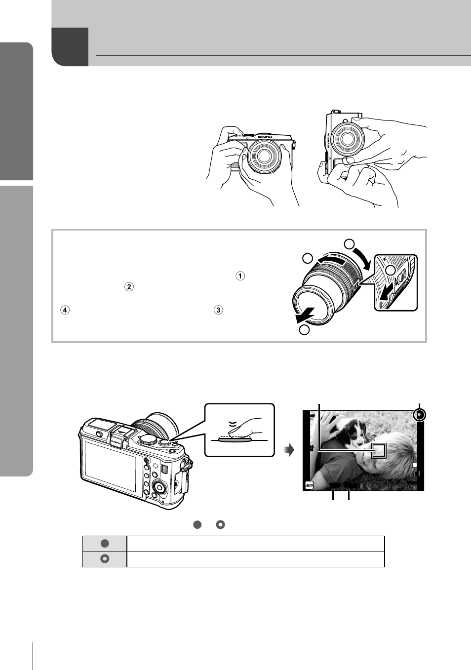 Taking photographs/shooting movies, Basic guide, Basic operations | Frame the shot, Adjust the focus, 12 en | Olympus E-P3 User Manual | Page 12 / 127