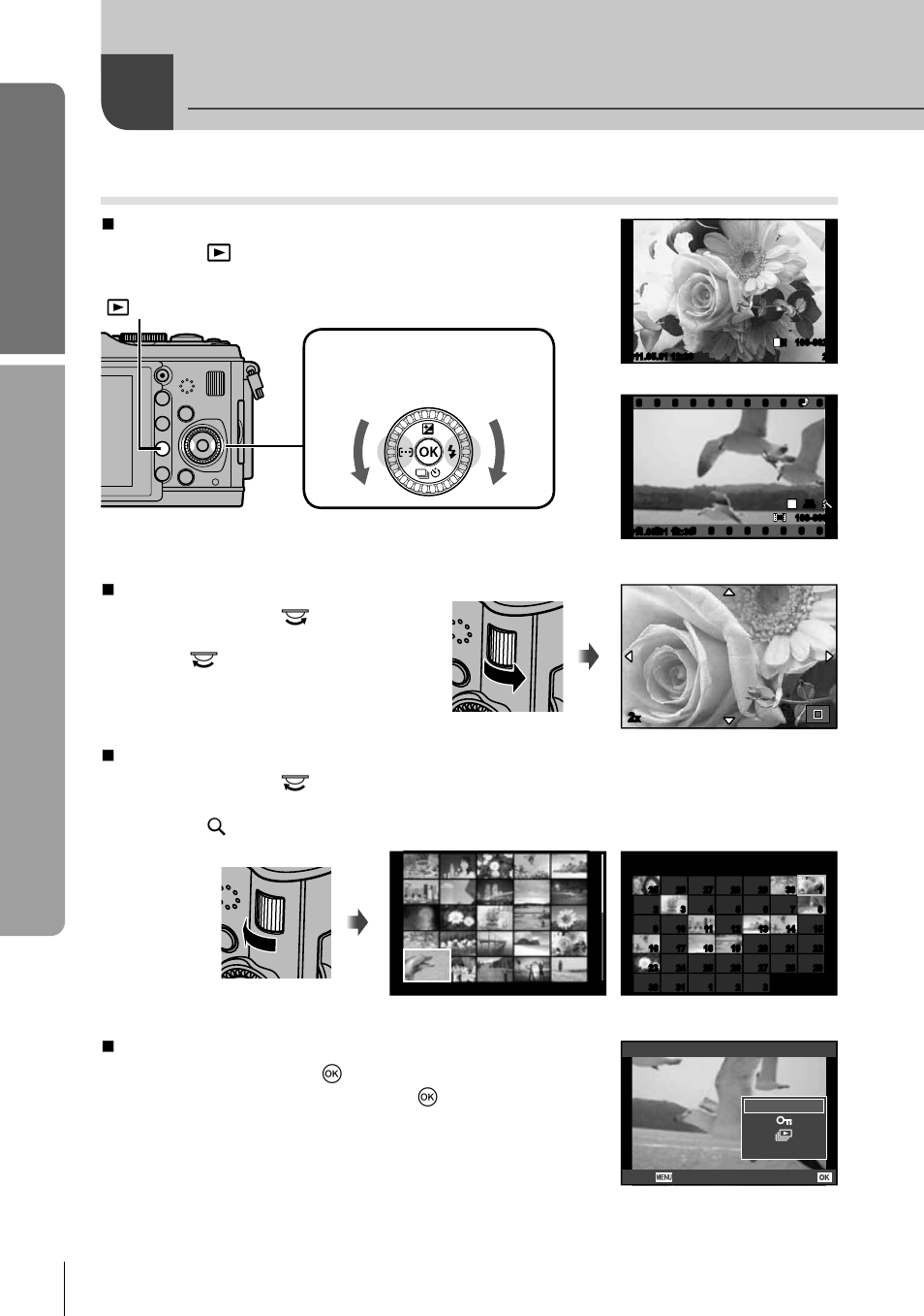 Playback/erasing, Basic guide, Basic operations | Viewing images, 14 en, Single-frame playback, Close-up playback, Index display/calendar display, Arrow pad/main dial, Still image | Olympus E-P3 User Manual | Page 14 / 127