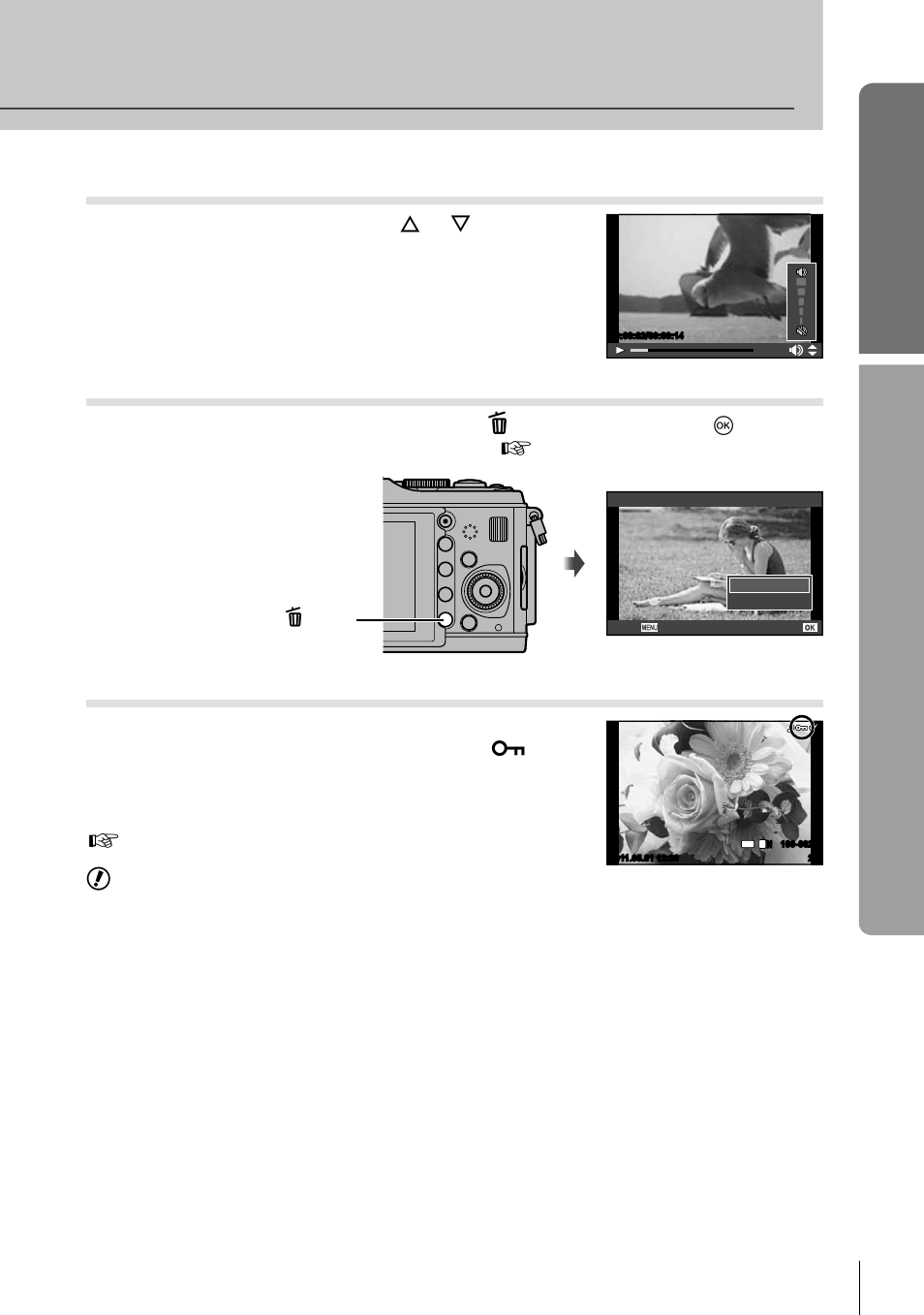 Basic guide, Basic operations, Volume | Erasing images, Protecting images, 15 en | Olympus E-P3 User Manual | Page 15 / 127