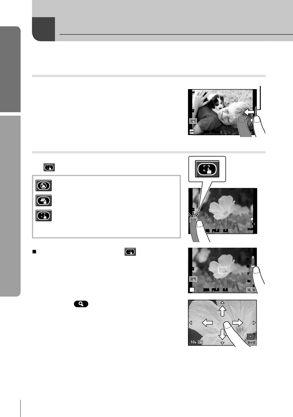 Using the touch screen, Basic guide, Basic operations | Live guides, Shooting mode, Use your fi nger to position the sliders, Tap the subject in the display, 22 en, The touch screen can be used with live guides, Previewing your subject ( ) | Olympus E-P3 User Manual | Page 22 / 127