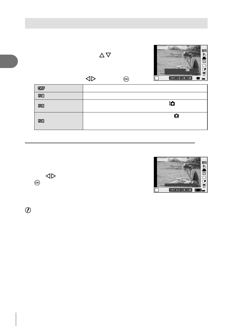 Reducing camera shake (the image stabilizer), Basic photography/frequently-used options, Select an option with hi and press q | Use hi to choose a focal length and press q, 42 en, Cautions | Olympus E-P3 User Manual | Page 42 / 127