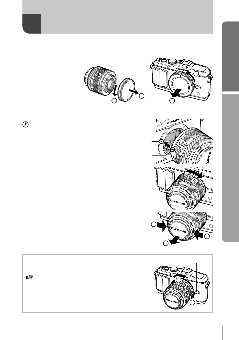 Attaching a lens to the camera, Basic guide, Preparations for shooting | Olympus E-P3 User Manual | Page 5 / 127