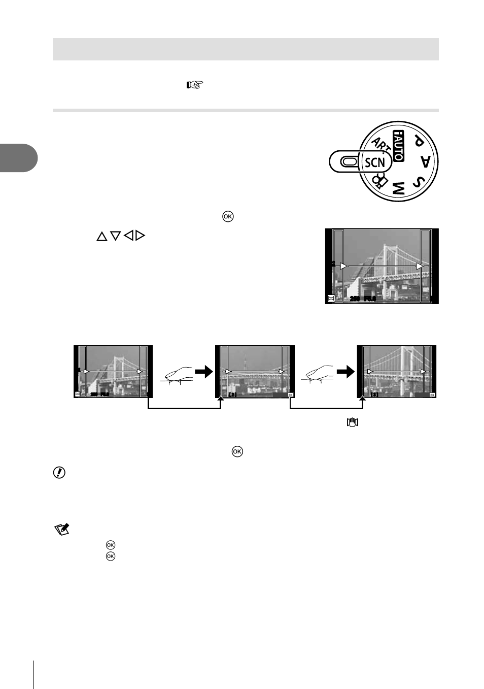 Taking panoramas, Other shooting options, Taking pictures for a panorama | Rotate the mode dial to scn, Select [panorama] and press q, Use fghi to choose a pan direction, Take a picture, using the guides to frame the shot | Olympus E-P3 User Manual | Page 54 / 127