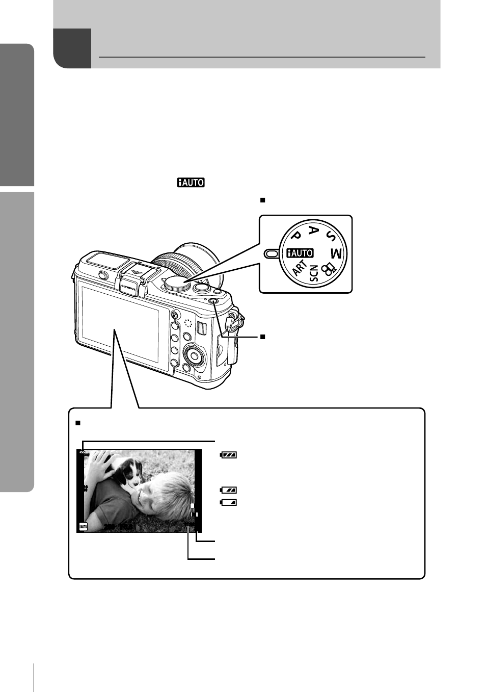 Power on, Basic guide, Preparations for shooting | Press the on/off button to turn on the camera, Set the mode dial to a | Olympus E-P3 User Manual | Page 6 / 127