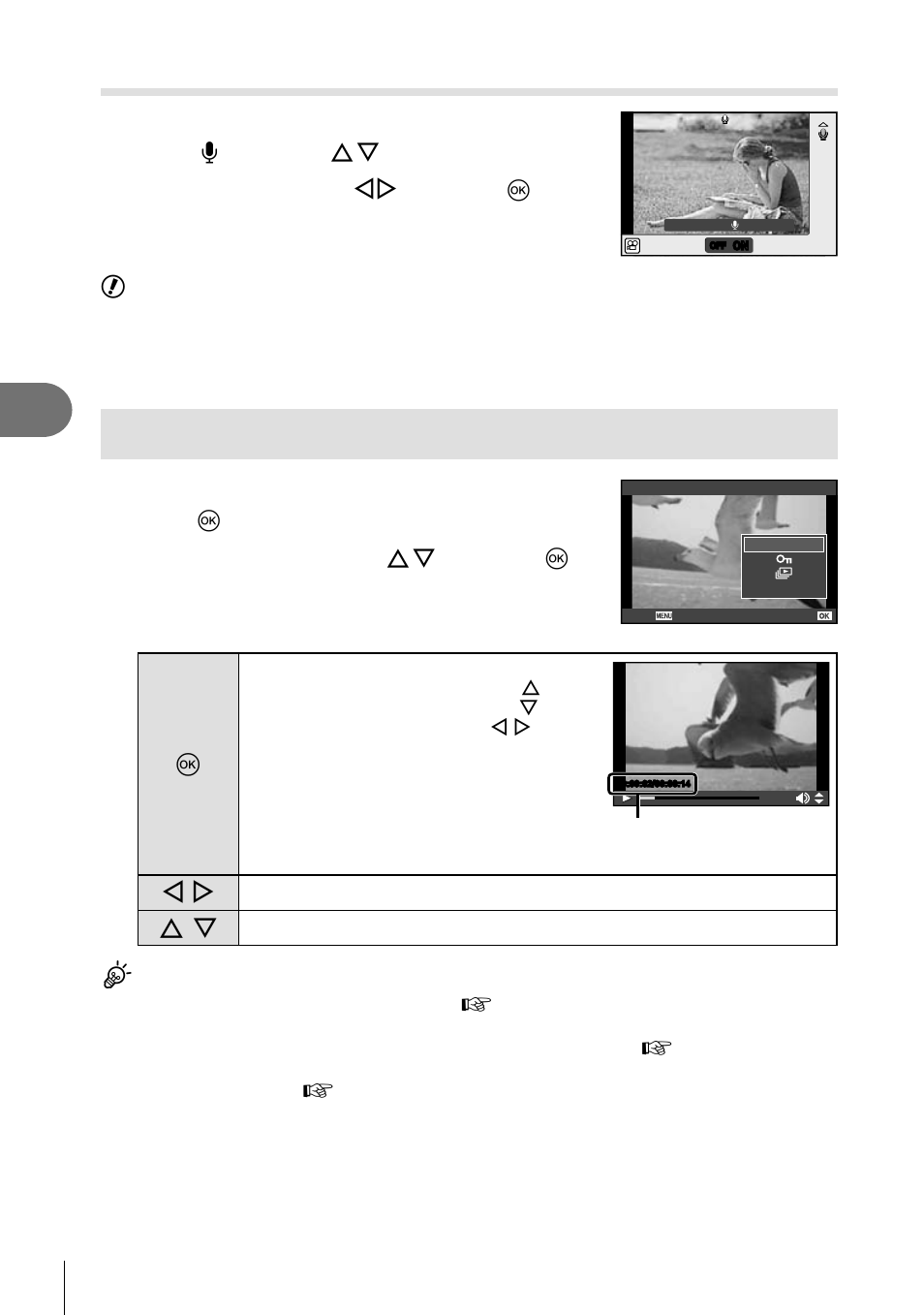 Viewing movies, Shooting and viewing movies, Movie sound options (recording sound with movies) | Switch on/off using hi and press q | Olympus E-P3 User Manual | Page 62 / 127