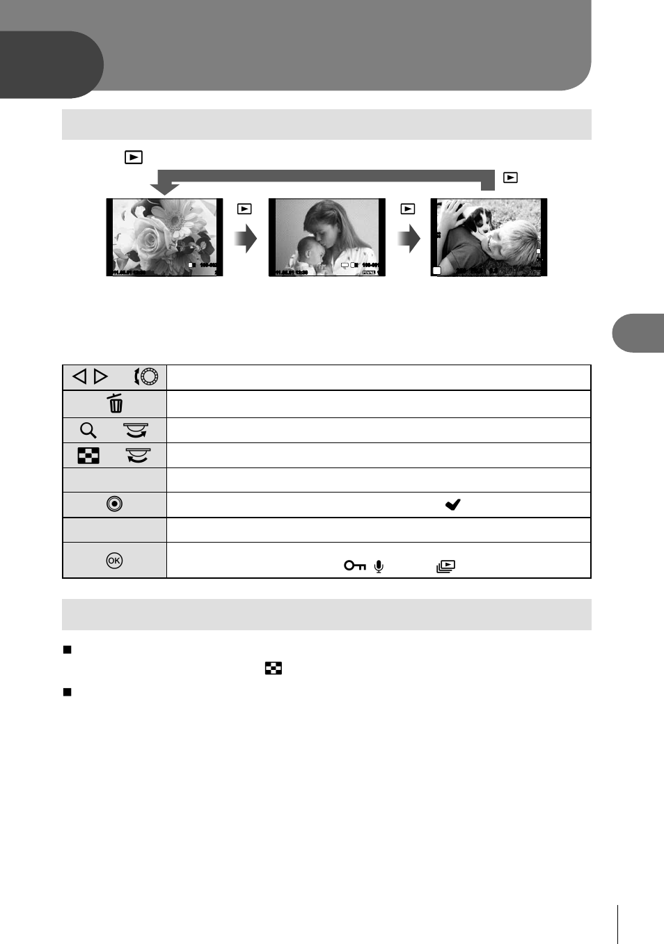 Playback options, Single-frame playback, Index display/calendar display | H/i or j, U or r, G or q, Info, 63 en | Olympus E-P3 User Manual | Page 63 / 127