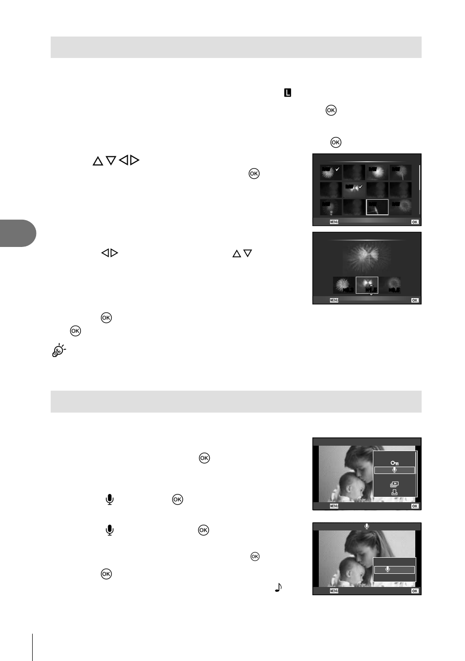 Image overlay, Audio recording, Playback options | Adjust gain, Select [r] and press q, Select [r start] and press q to begin recording, Press q to end recording | Olympus E-P3 User Manual | Page 68 / 127