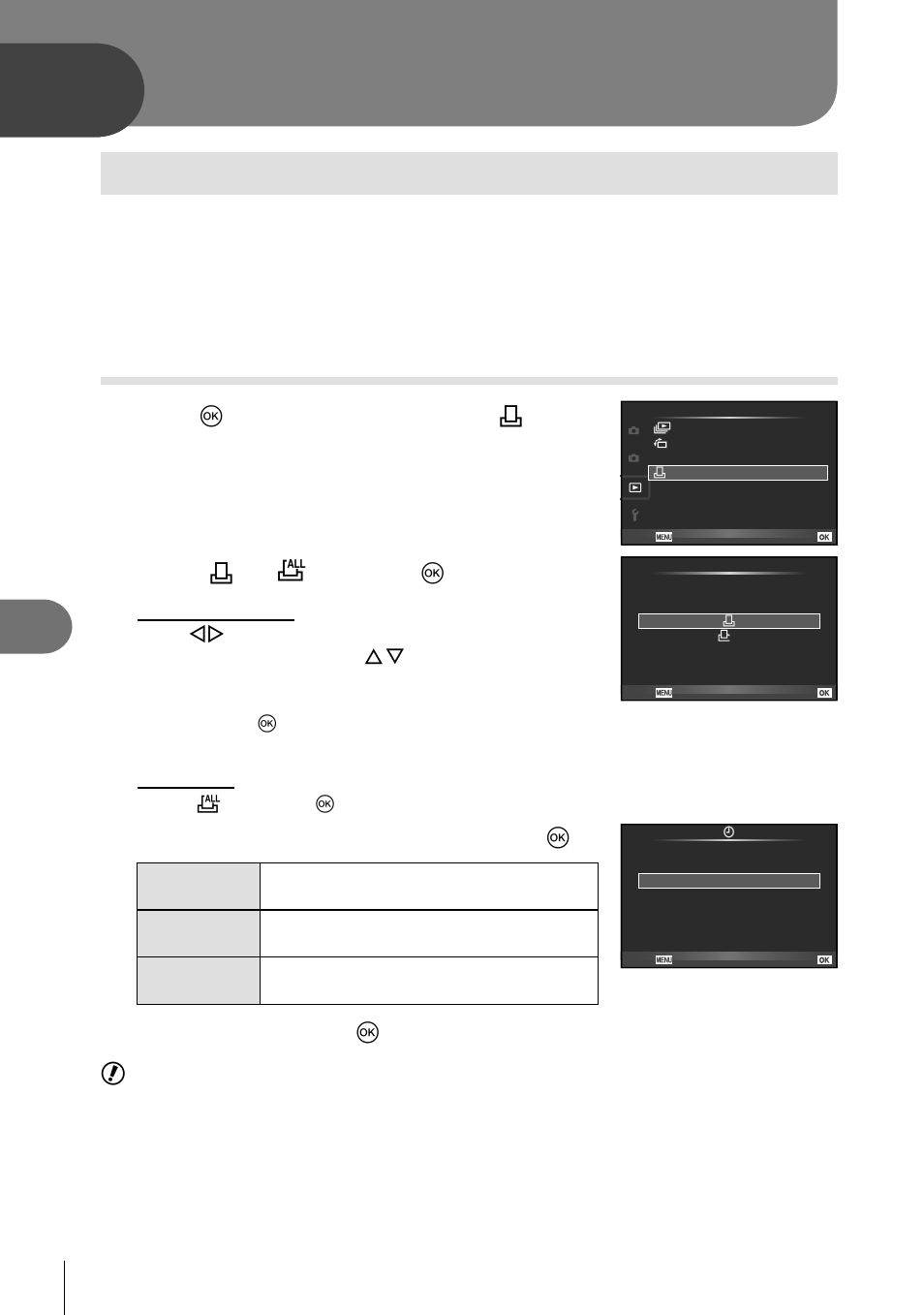 Printing pictures, Print reservation (dpof*), Creating a print order | Press q during playback and select, Select [ <] or [u] and press q, Select the date and time format and press q, Select [set] and press q | Olympus E-P3 User Manual | Page 76 / 127