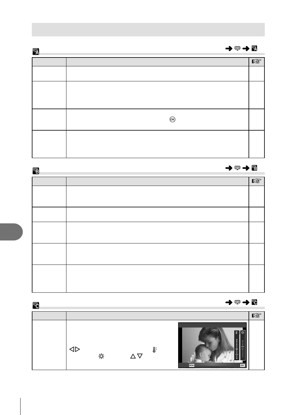 Accessory port menu options, A olympus penpal share, B olympus penpal album | C electronic viewfi nder, Customizing camera settings | Olympus E-P3 User Manual | Page 90 / 127