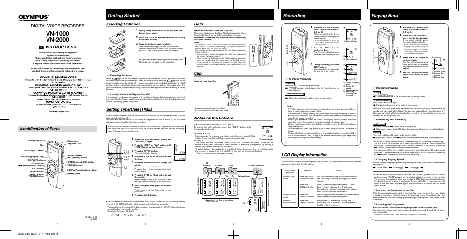 Olympus Digital Voice Recorder VN-1000 VN-2000 User Manual | 2 pages