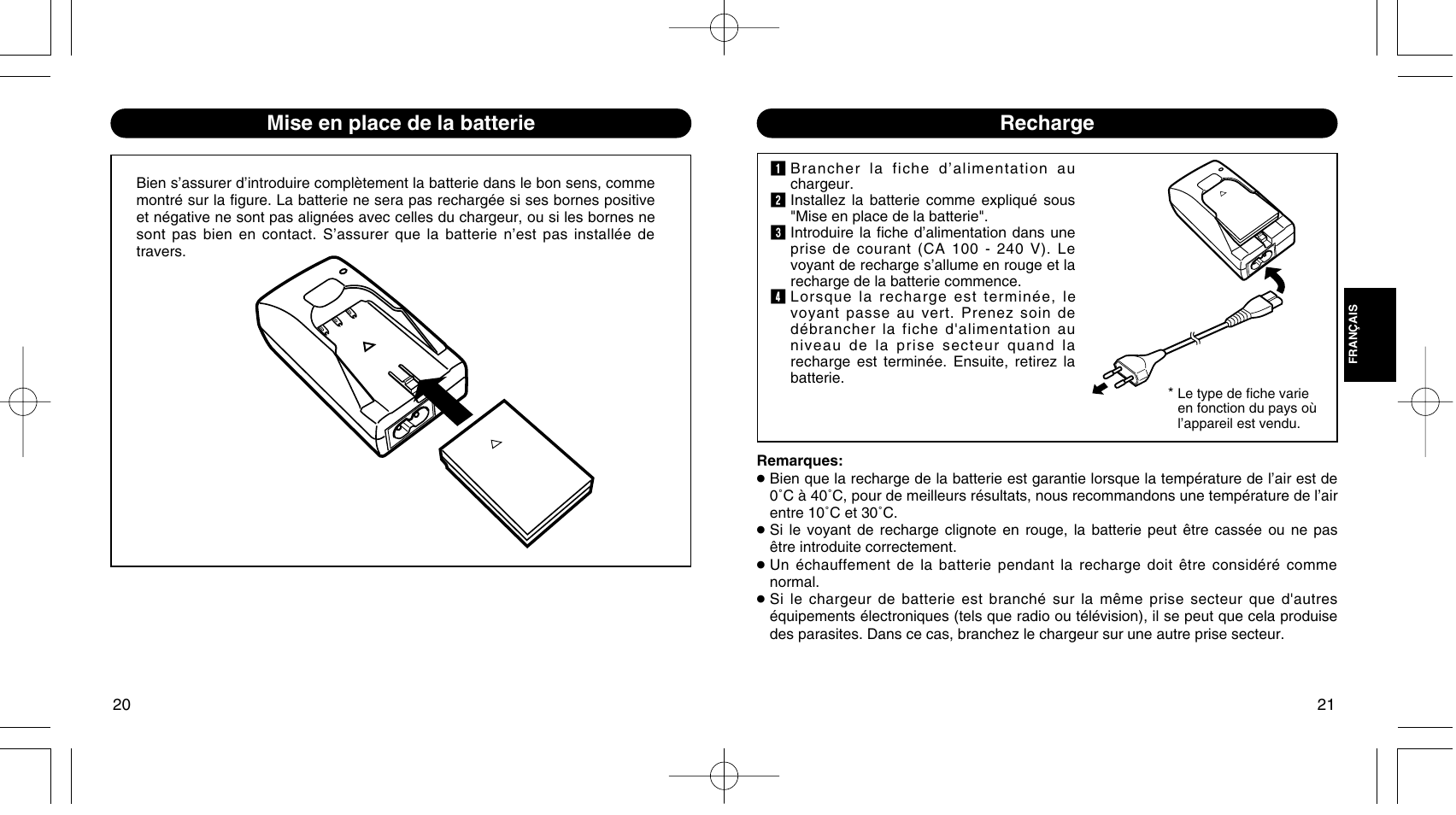 Mise en place de la batterie, Recharge | Olympus LI 10C User Manual | Page 12 / 35