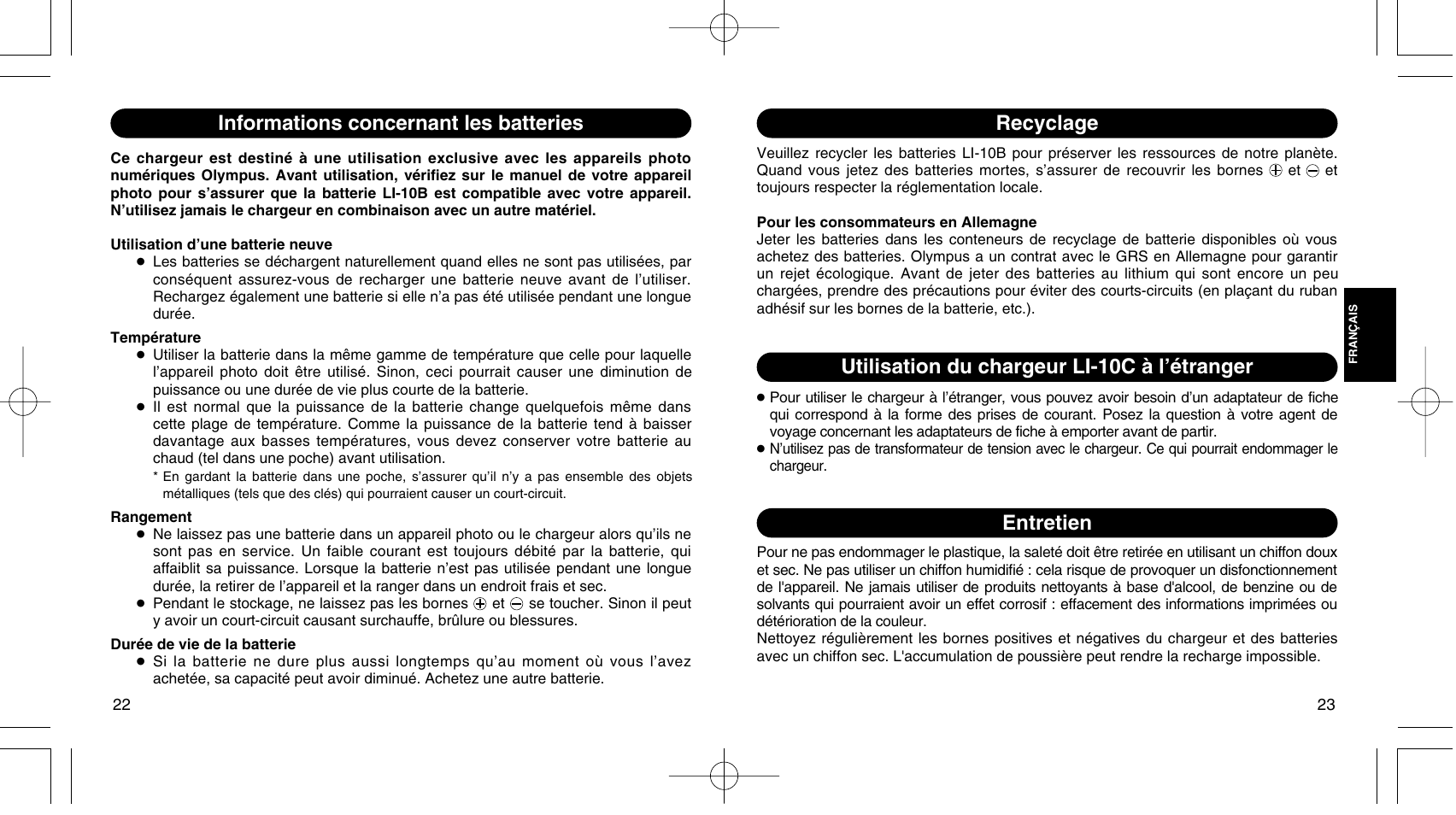 Informations concernant les batteries, Recyclage, Entretien | Utilisation du chargeur li-10c à l’étranger | Olympus LI 10C User Manual | Page 13 / 35