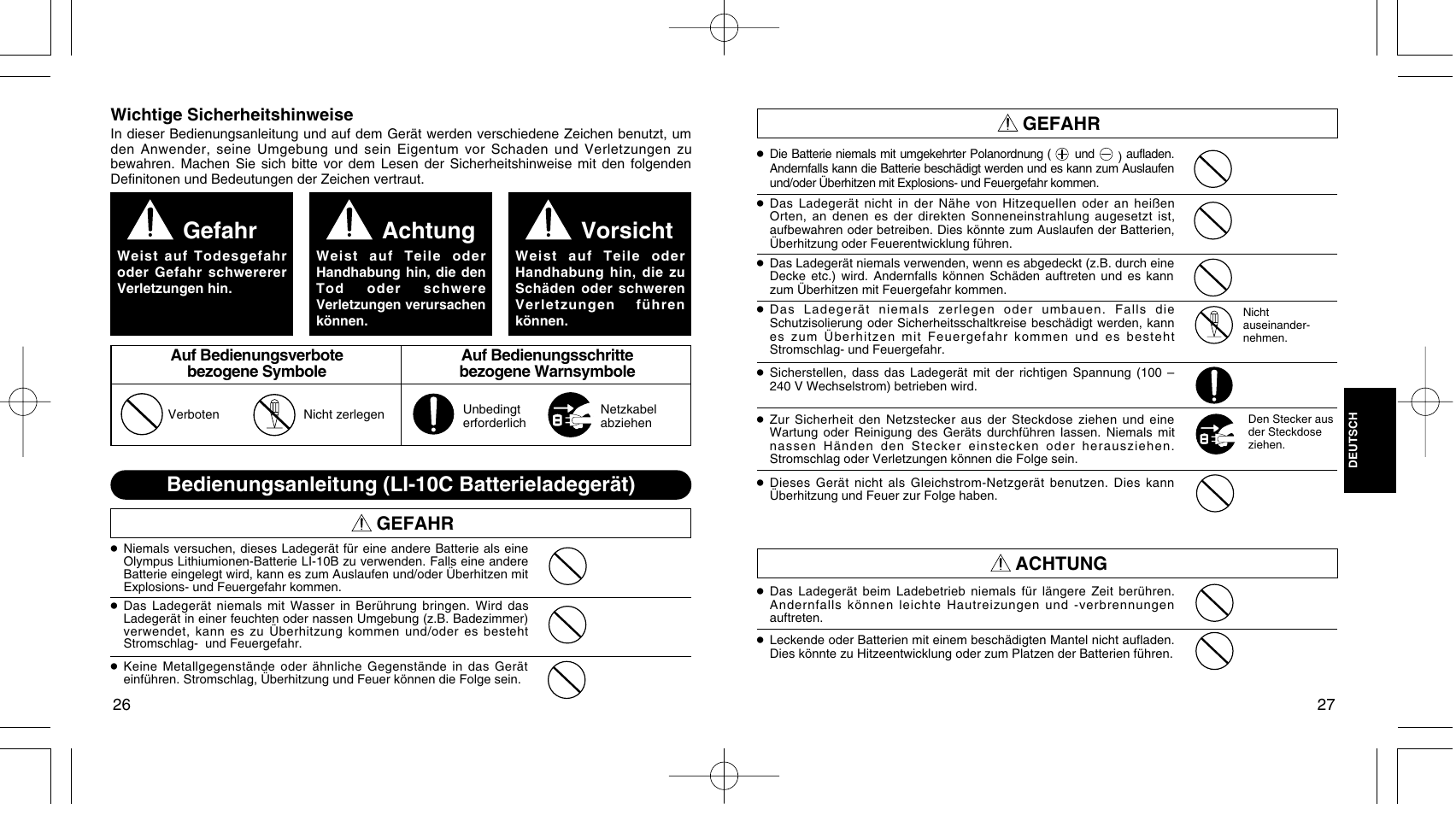 Gefahr, Achtung, Vorsicht | Bedienungsanleitung (li-10c batterieladegerät) | Olympus LI 10C User Manual | Page 16 / 35