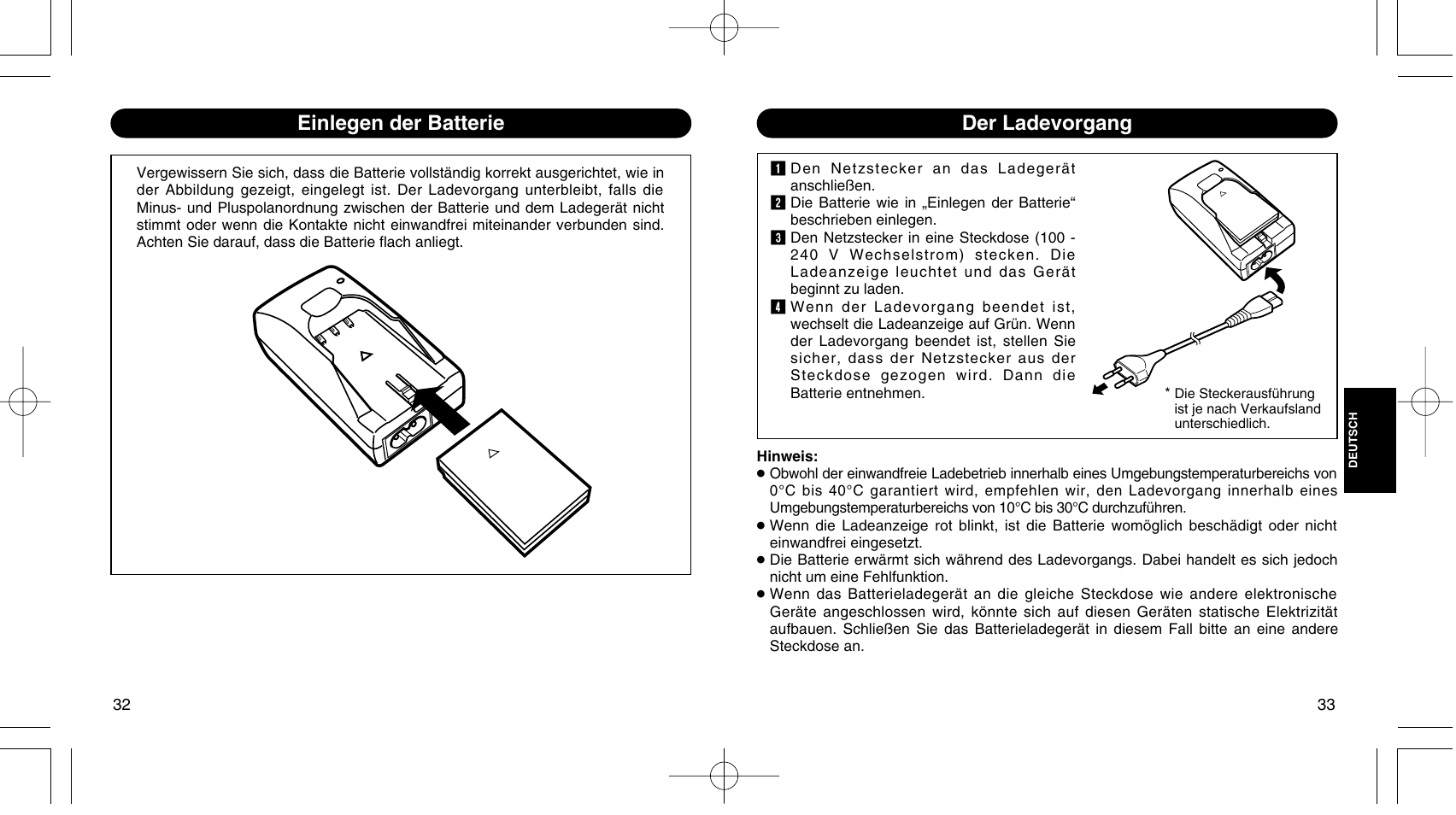 Einlegen der batterie, Der ladevorgang | Olympus LI 10C User Manual | Page 19 / 35