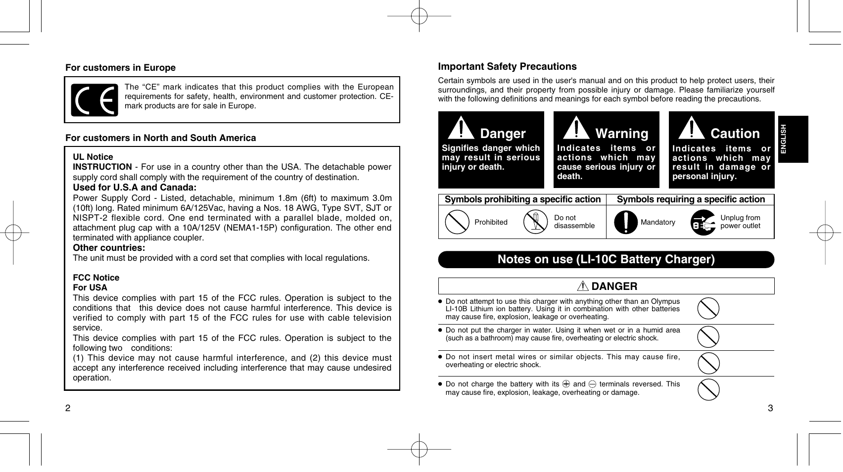 Danger, Warning, Caution | Olympus LI 10C User Manual | Page 2 / 35