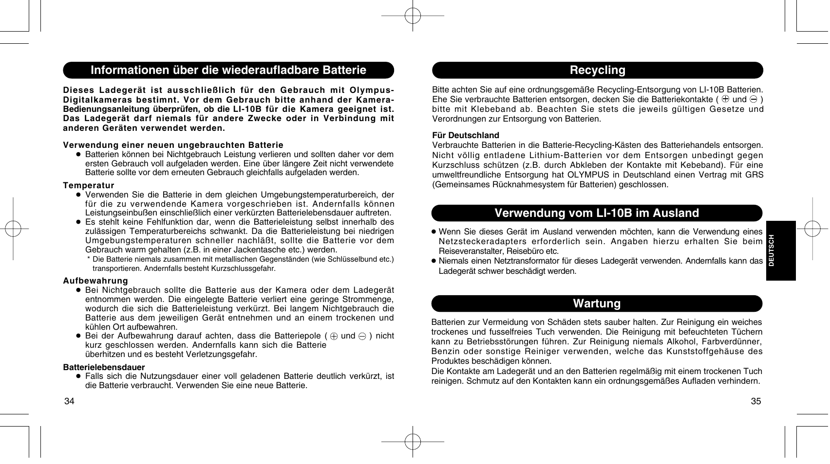 Informationen über die wiederaufladbare batterie, Wartung, Verwendung vom li-10b im ausland recycling | Olympus LI 10C User Manual | Page 20 / 35