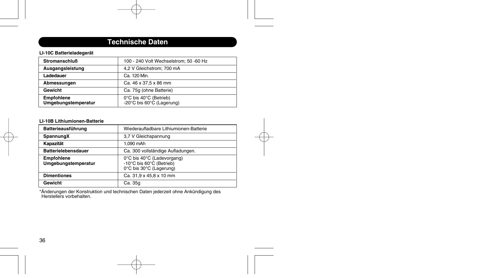 Technische daten | Olympus LI 10C User Manual | Page 21 / 35
