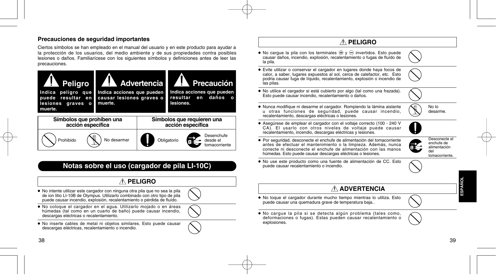 Peligro, Advertencia, Precaución | Notas sobre el uso (cargador de pila li-10c) | Olympus LI 10C User Manual | Page 23 / 35