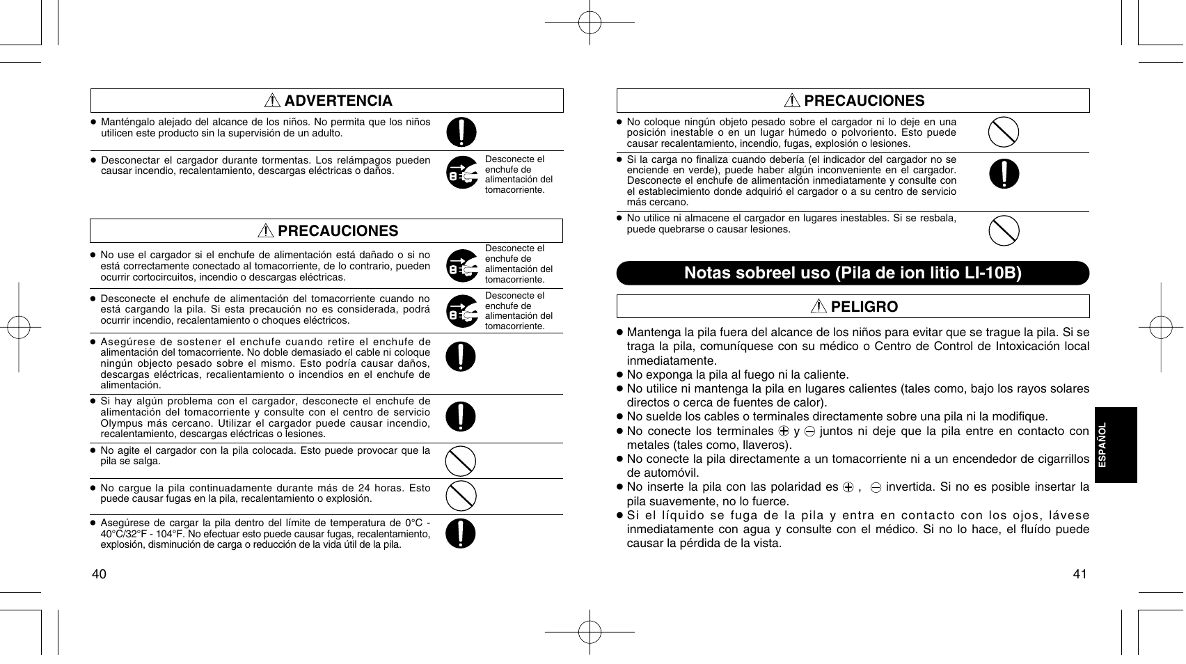 Notas sobreel uso (pila de ion litio li-10b) | Olympus LI 10C User Manual | Page 24 / 35