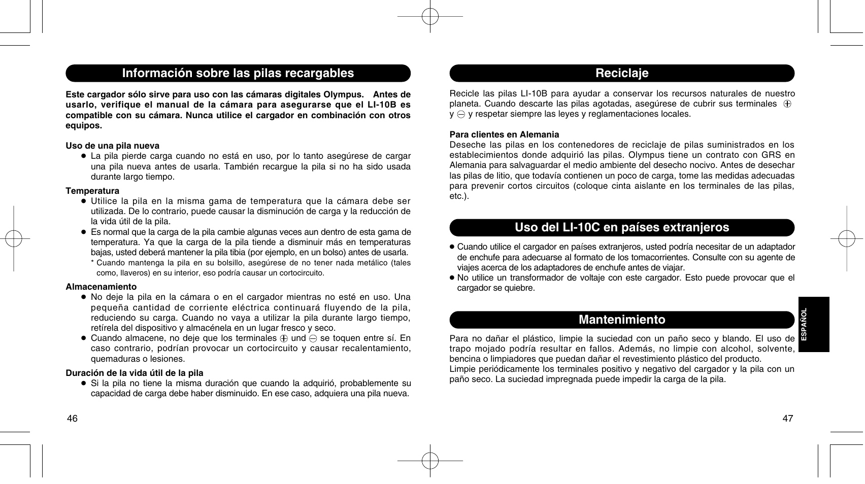 Información sobre las pilas recargables, Reciclaje, Mantenimiento | Uso del li-10c en países extranjeros | Olympus LI 10C User Manual | Page 27 / 35