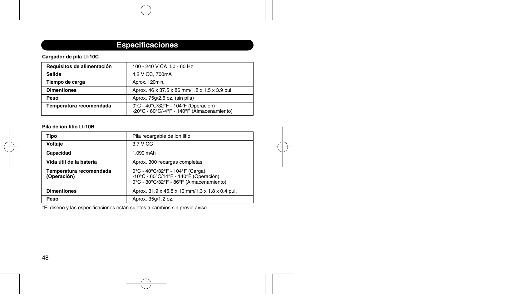 Especificaciones | Olympus LI 10C User Manual | Page 28 / 35