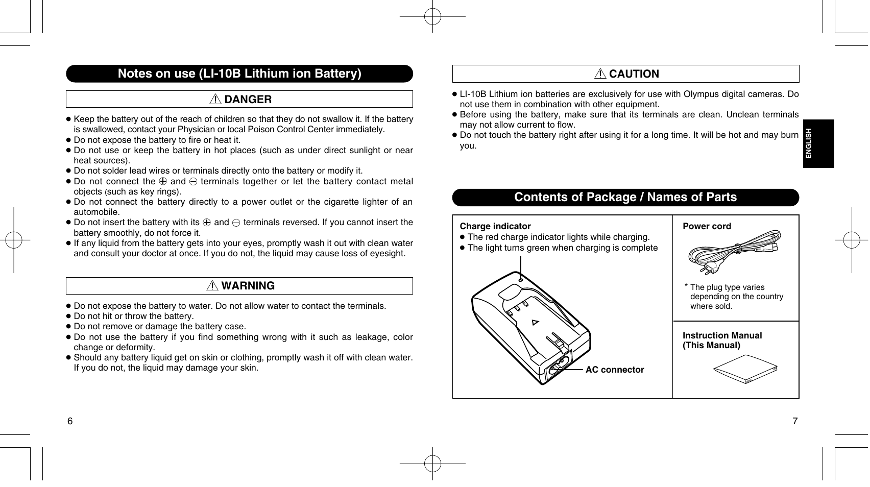 Contents of package / names of parts | Olympus LI 10C User Manual | Page 4 / 35