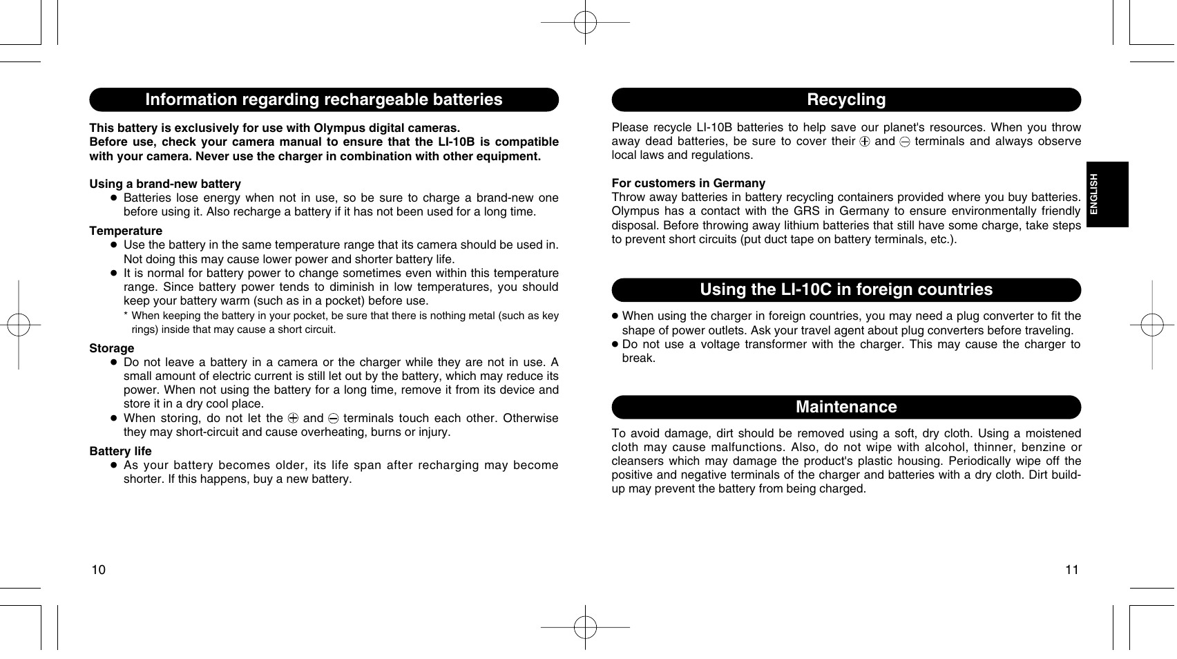 Maintenance, Recycling | Olympus LI 10C User Manual | Page 6 / 35